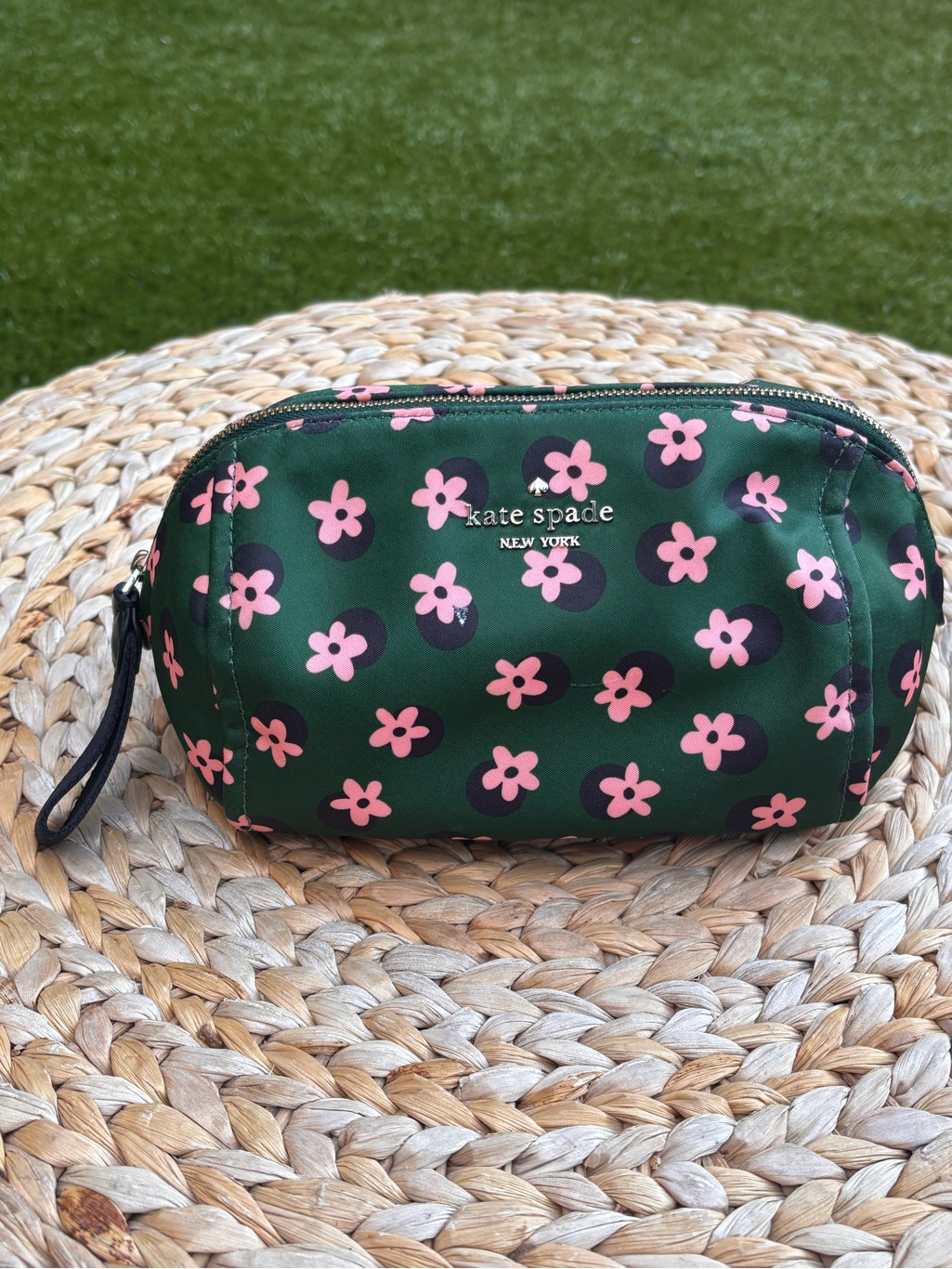 Kate Spade Dark Green Cosmetic Pouch With Pink Floral Print